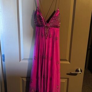 Cache Fuchsia Beaded Spaghetti-Strap Maxi Dress